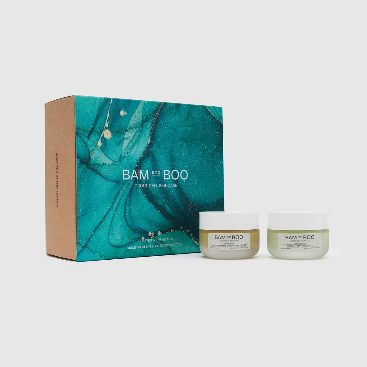 Regenerative Overnight Cream + Radiant Day Cream - Jar Front Shot and Gift Box - Christmas Holiday Gift Sets - BAMandBOO Grounded Skincare Azores