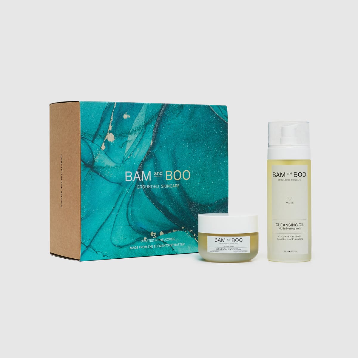 Elemental Face Cream + Cleansing Oil - Jar and Bottle Front Shot and Gift Box - Christmas Holiday Gift Sets - BAMandBOO Grounded Skincare Azores